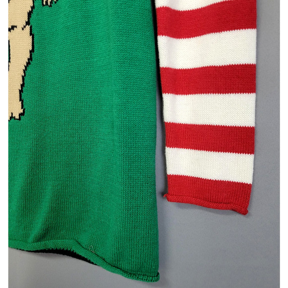 Ugly Christmas Sweater Womens Large Green Pug Santa Hat Striped Sleeves - Picture 6 of 13